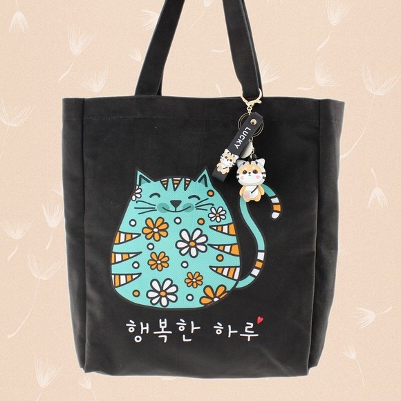 Korean KPOP Tote Bag Cartoon Cat Women Bag with a Shiba Inu Keychain - Picture 1 of 7